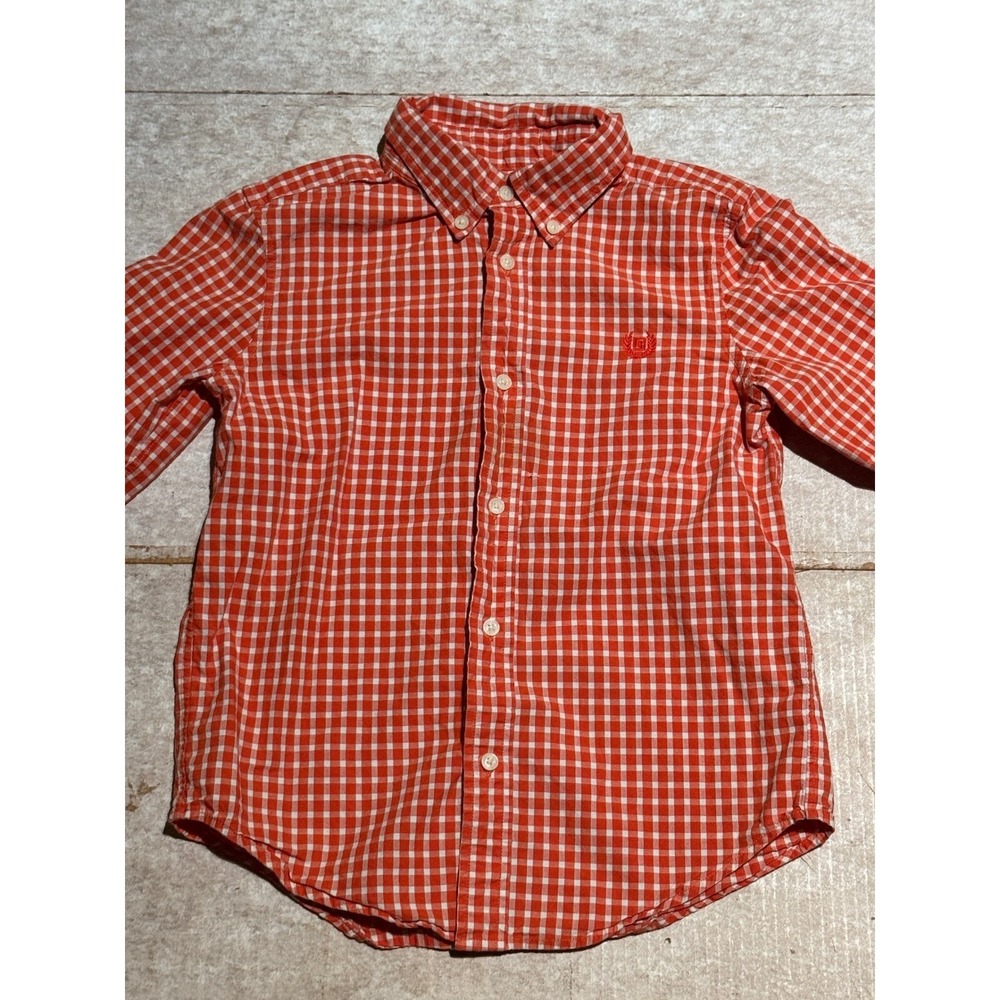 Chaps Boys‎ Button-Down Shirt Size 6 Orange White Check Crest EUC Cotton - Picture 3 of 4
